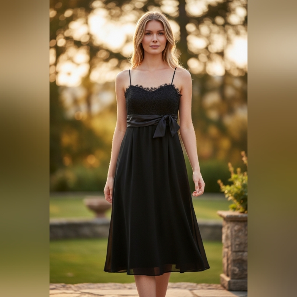 S.L.FASHIONS Elegant Black Lace Midi Dress SIZE 8